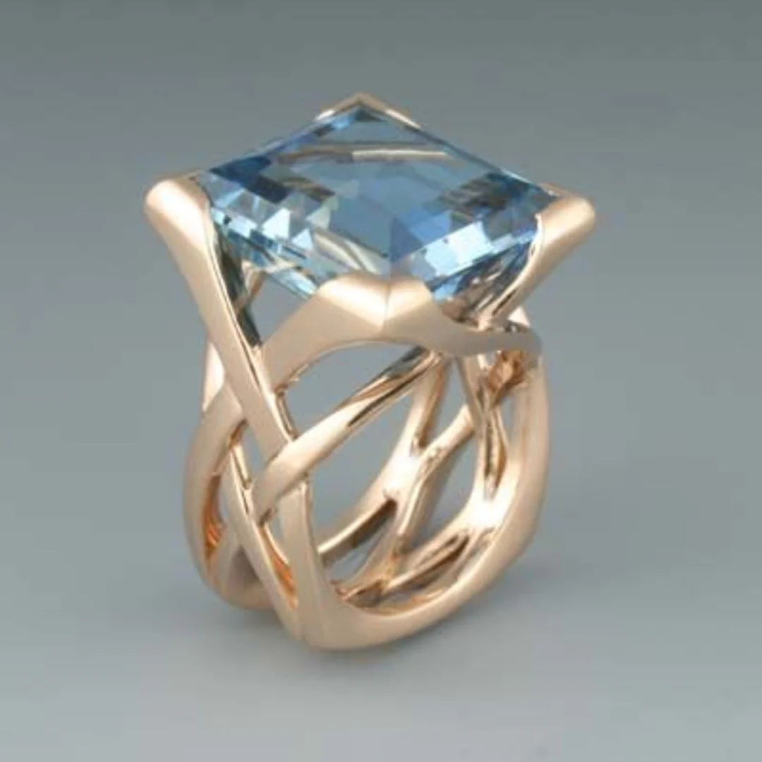 Vintage Bague en Zirconium Bleu avec Finition Or Rose
