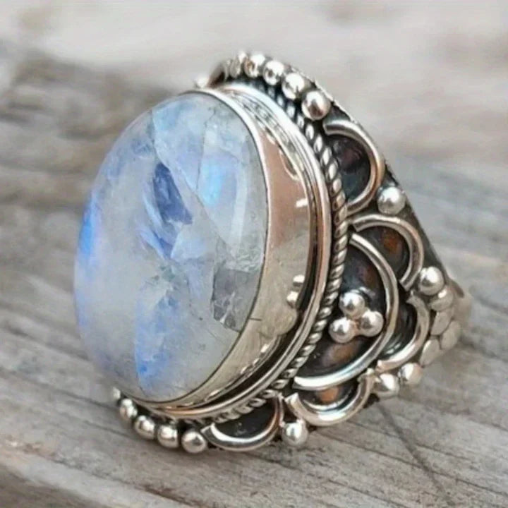 Bague Exclusive Avec Cercle En Pierre De Lune Argentée